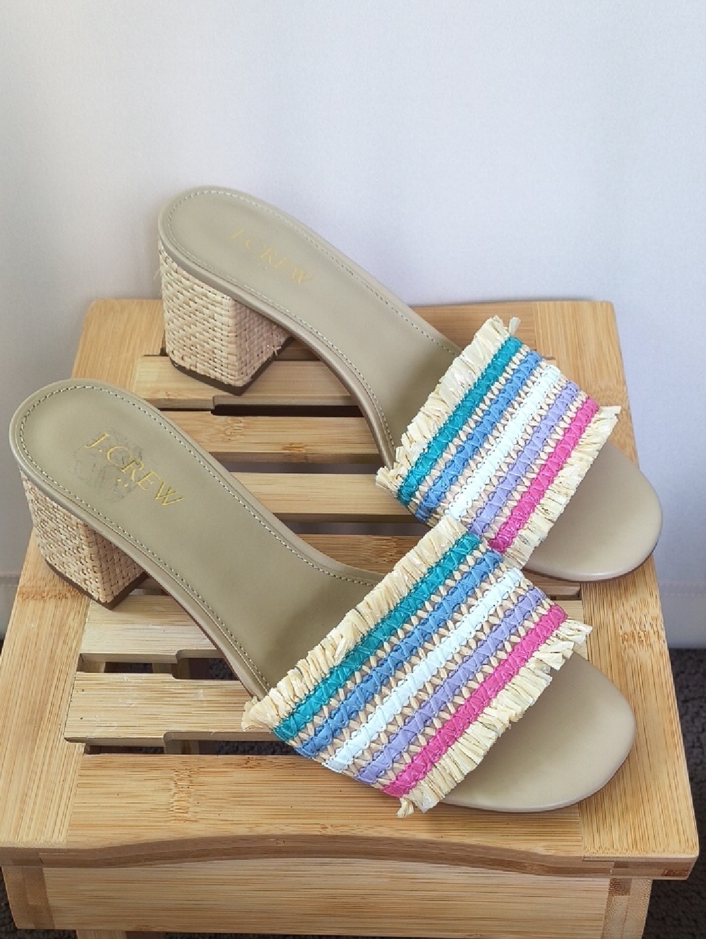 J. Crew Beige Raffia Slide Sandals with Blue, Pink & Turquoise Stripes